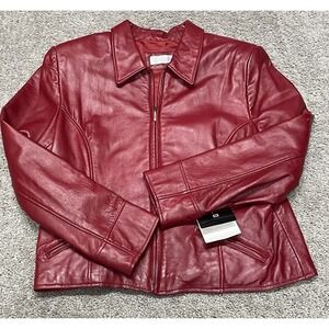 New Valerie Stevens Women's 100% Leather  Lambskin zip Jacket Deep Red Size 16